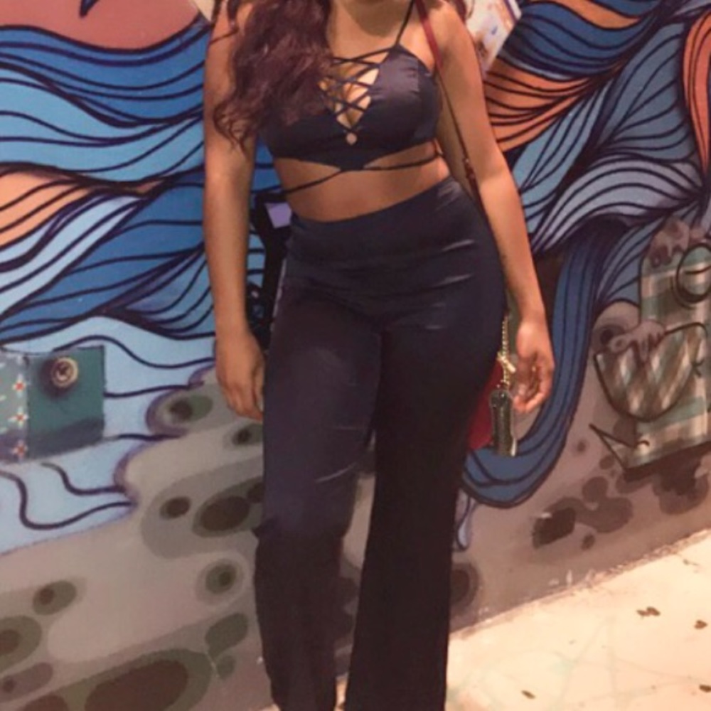satin pants set in the color navy. Worn once.
